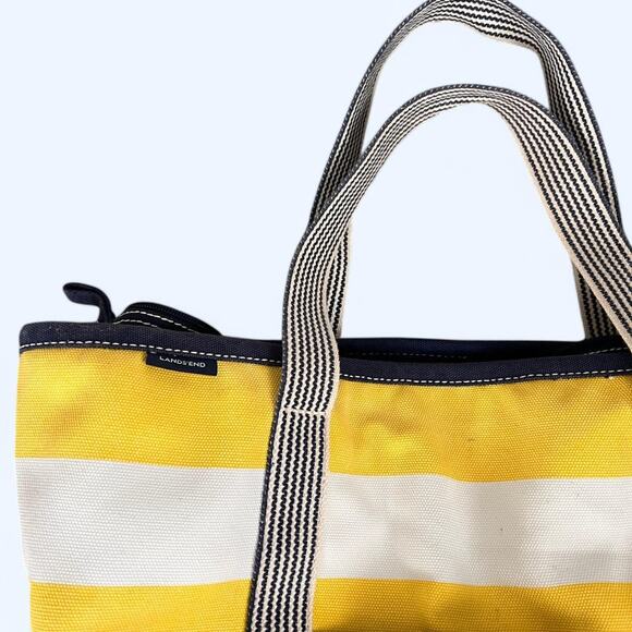 Lands’ End yellow and white striped thick canvas tote bag with navy blue trim - Picture 2 of 8